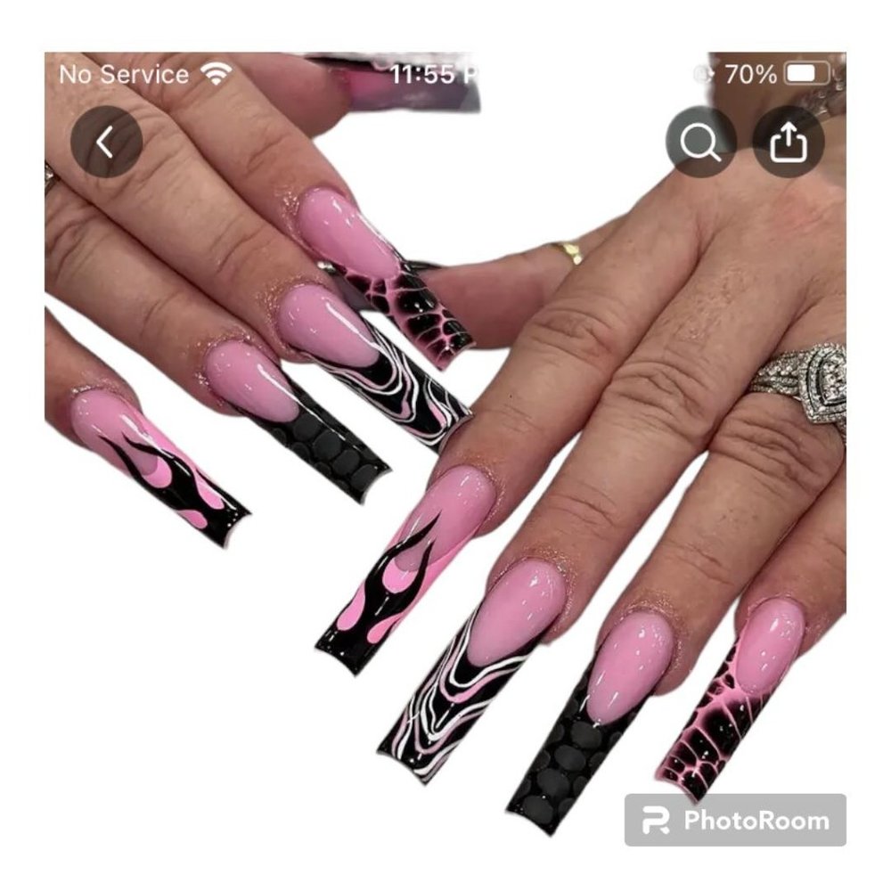 24 pc "Black Flames in pink" extra long square French Press on Nails set